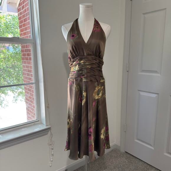 NWT VTG 90s Jones New York Silk Olive Brown Floral Ruched Midi Halter Dress 10 - Picture 1 of 8